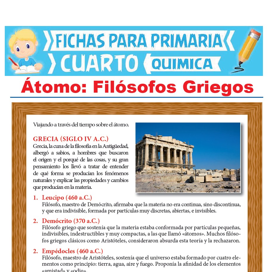 Ficha de Átomo Filósofos Griegos para Cuarto Grado de Primaria