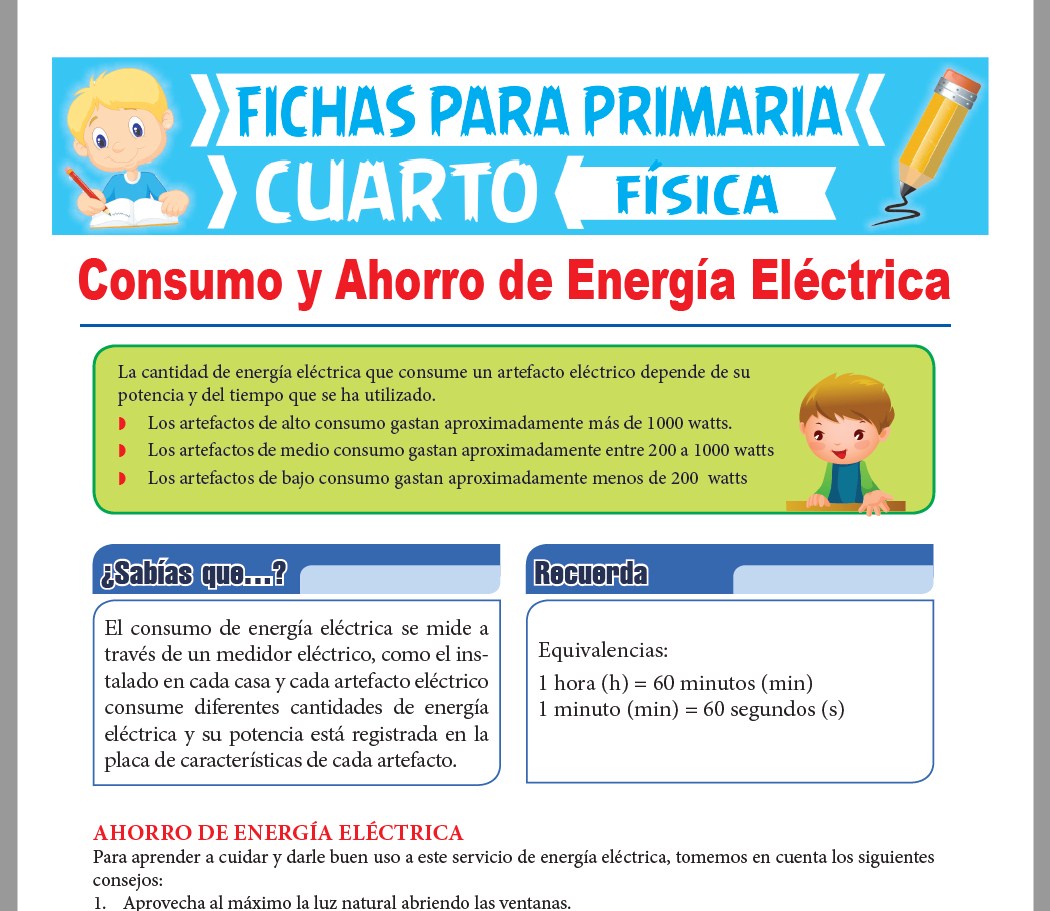 Ficha de Consumo y Ahorro de Energía Eléctrica para Cuarto Grado de Primaria