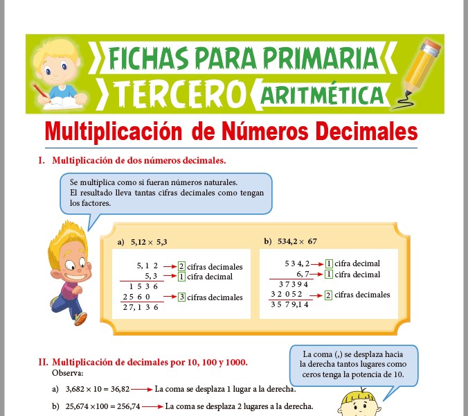 Ficha de Multiplicación de Números Decimales para Tercer Grado de Primaria