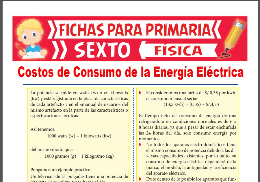 Ficha de Costos de Consumo de la Energía Eléctrica para Sexto Grado de Primaria