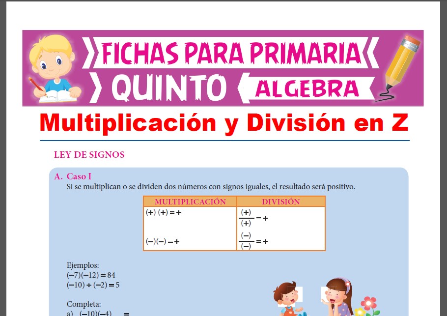 Ficha de Multiplicación y División de Números Enteros para Quinto Grado de Primaria
