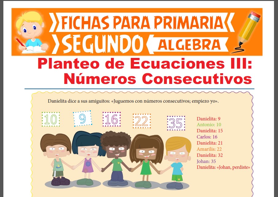 Ficha de Planteo de Ecuaciones con Números Consecutivos para Segundo Grado de Primaria