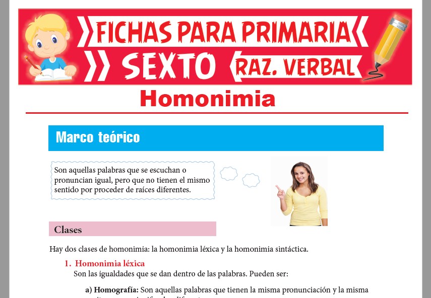 Ficha de Homónimos Ejercicios para Sexto Grado de Primaria