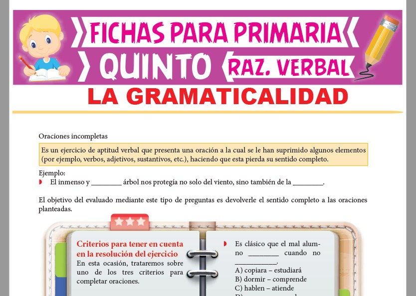 Ficha de La Gramaticalidad para Quinto Grado de Primaria