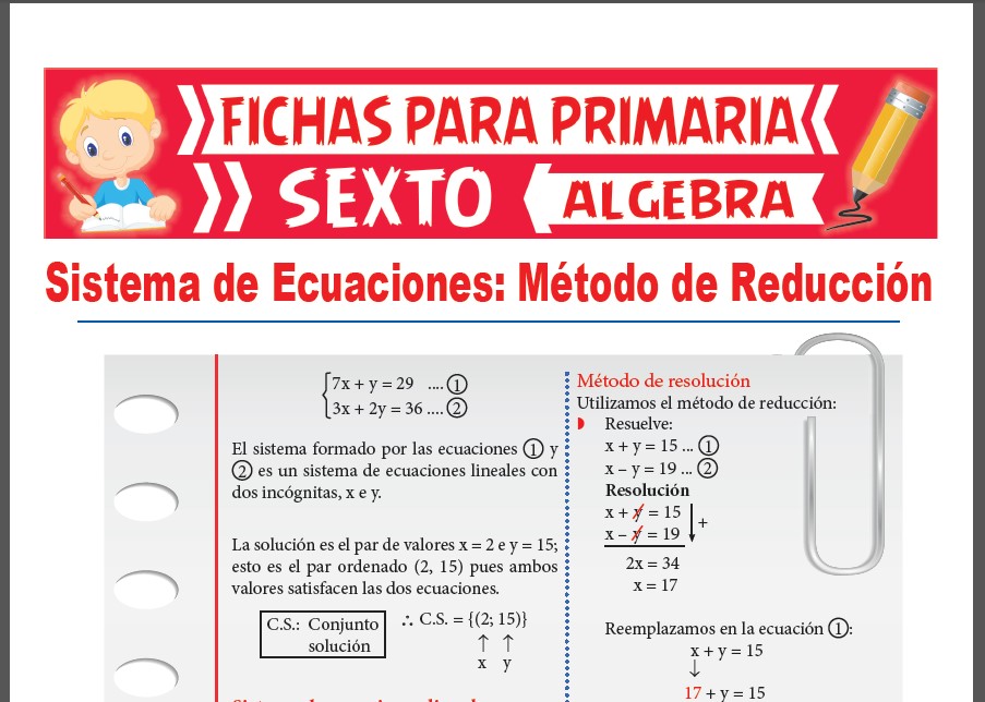 Ficha de Método de Reducción de Sistemas de Ecuaciones para Sexto Grado de Primaria