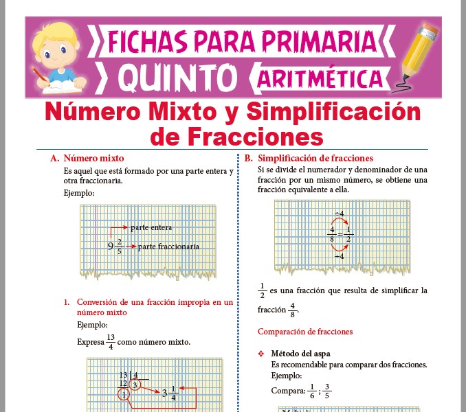 Ficha de Número Mixto y Simplificación de Fracciones para Quinto Grado de Primaria