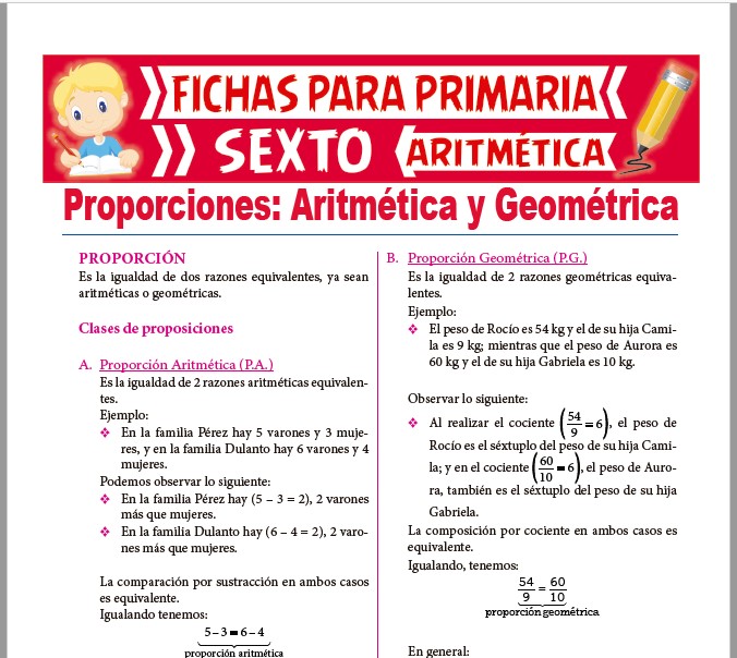 Ficha de Proporciones Aritméticas y Geométricas para Sexto de Primaria