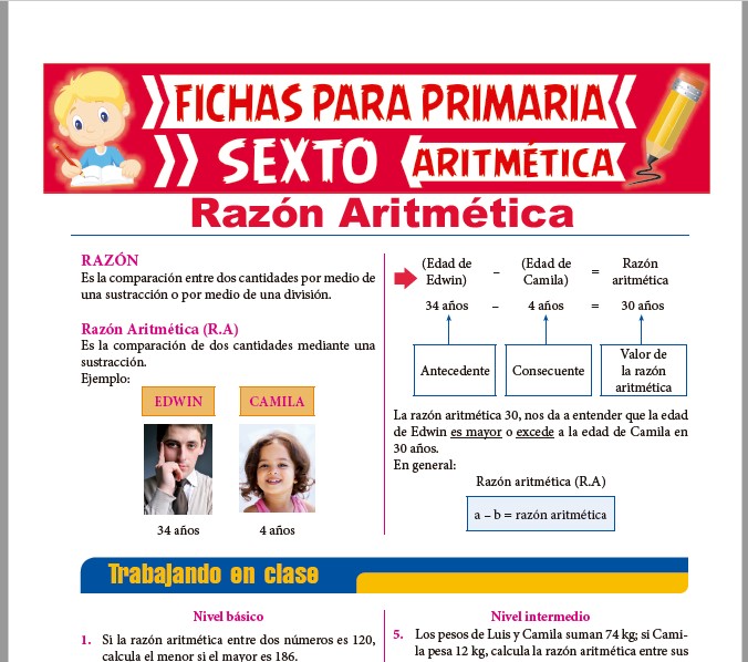 Ficha de Razón Aritmética para Sexto de Primaria