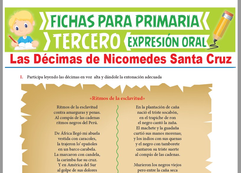 Ficha de Las Décimas de Nicomedes Santa Cruz para Tercer Grado de Primaria