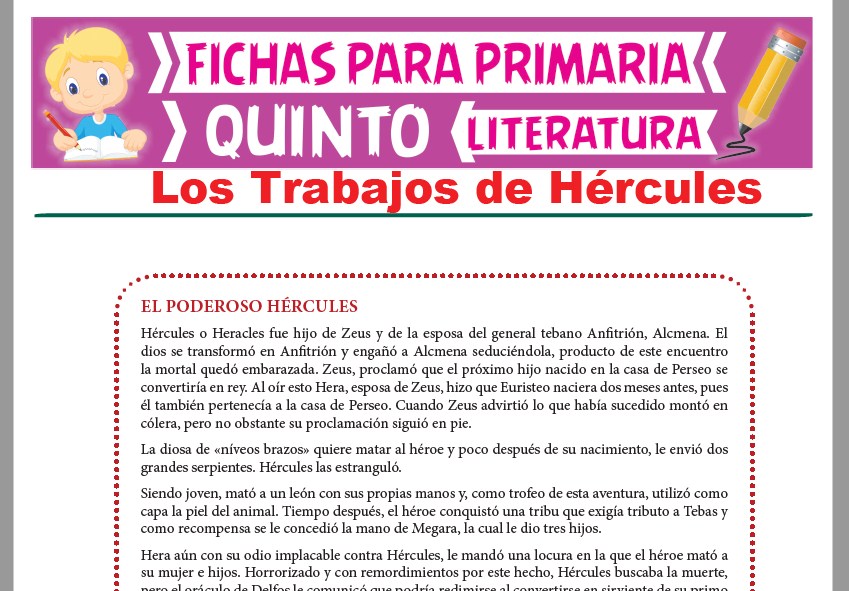 Ficha de Los Trabajos de Hércules para Quinto Grado de Primaria